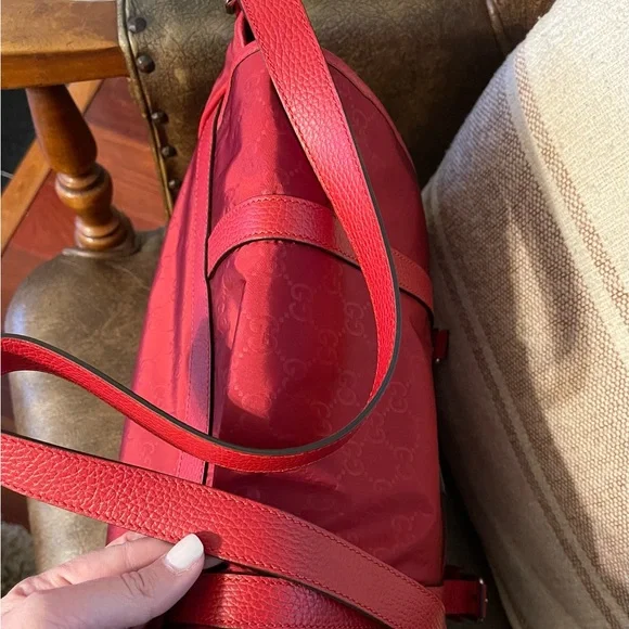 GUCCI Nylon Monogram Double Buckle Flap Messenger Bag Vibrant Red - Picture 15 of 16
